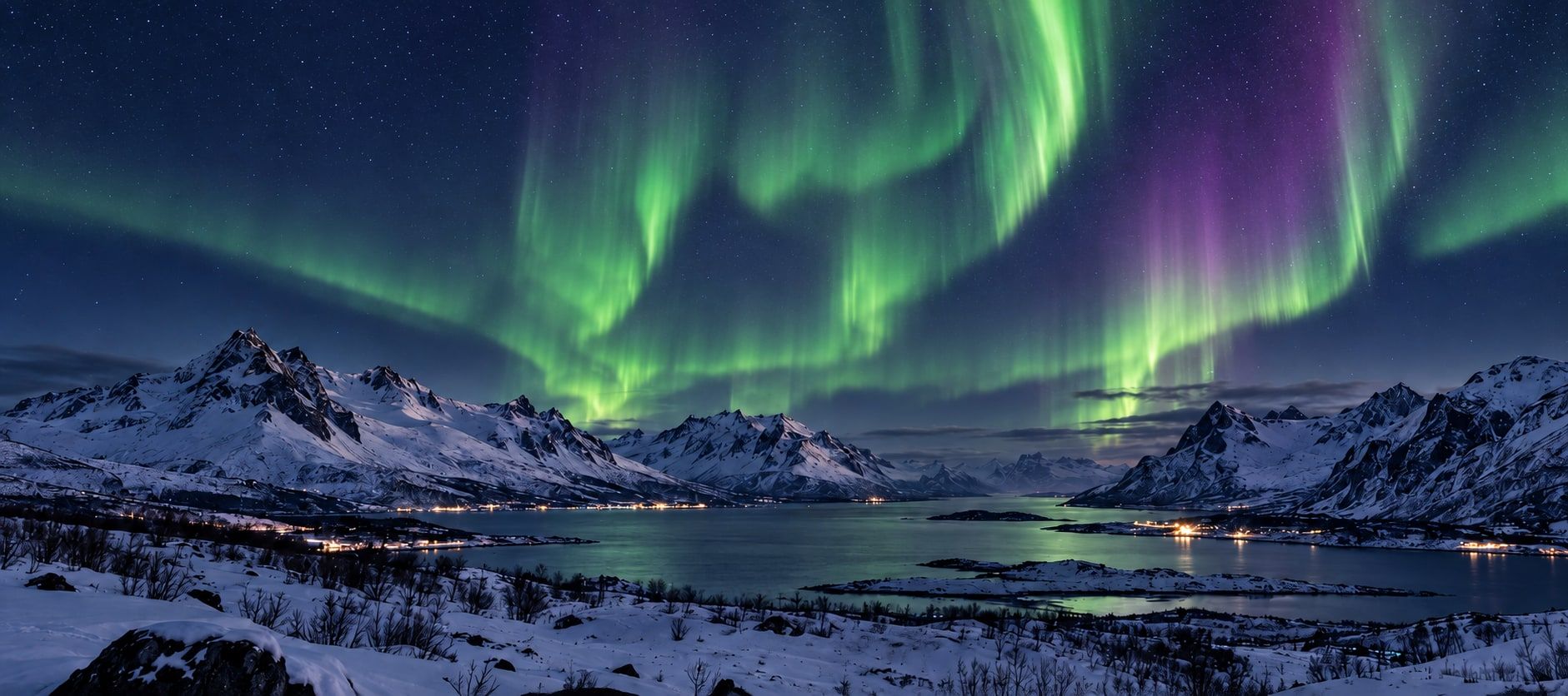 Green and violet aurora above a snowy fjord (illustration)